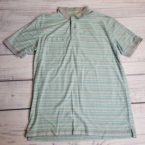LinkSoul Men's 100% Luxury Cotton Golf Polo Shirt Medium Green Blue‎ Stripe